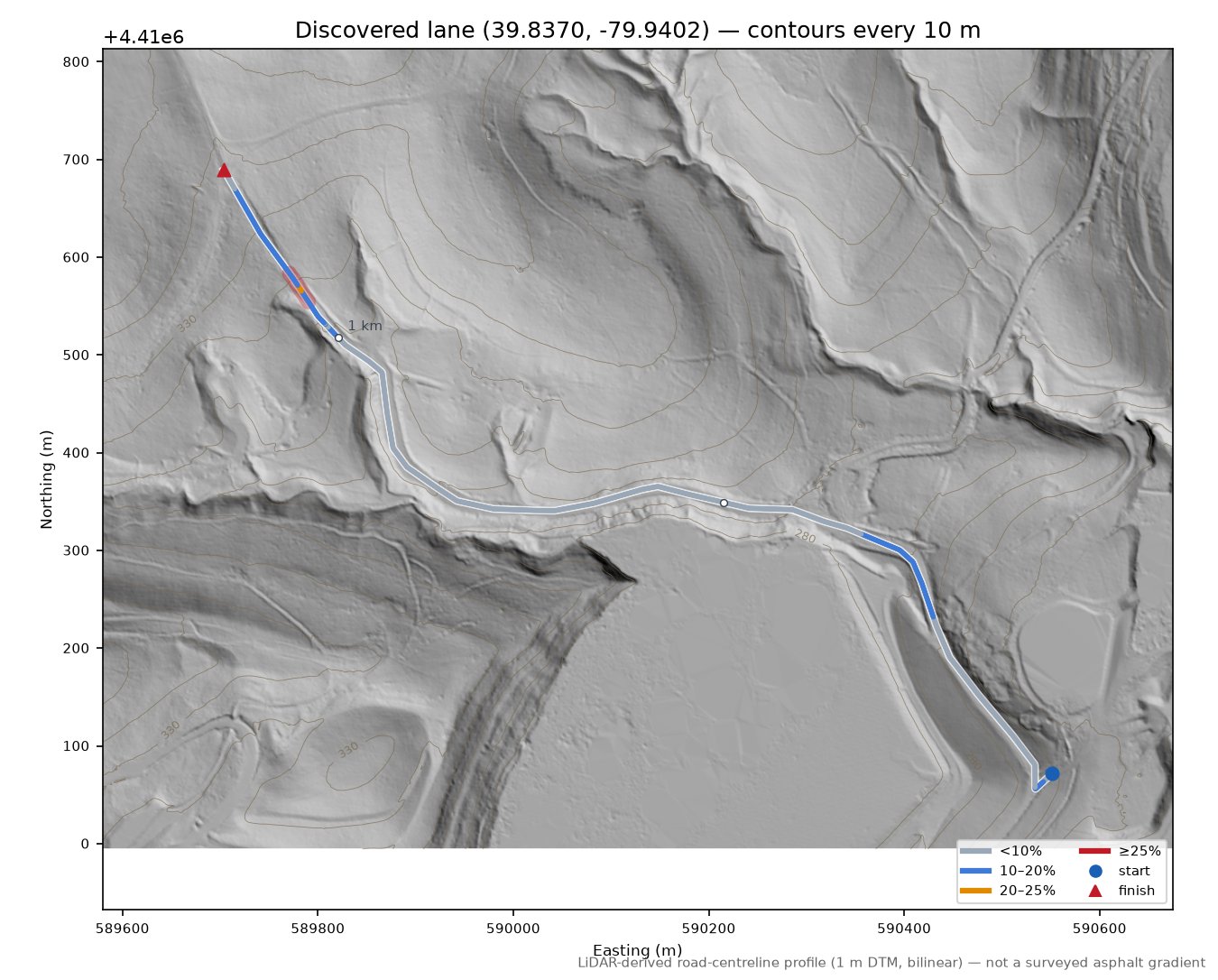 Discovered lane (39.8370, -79.9402) LiDAR hillshade map with contours