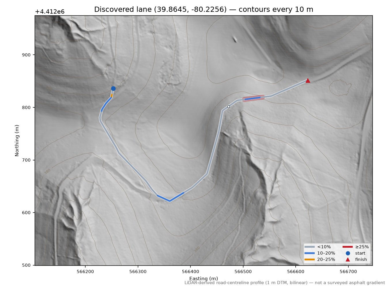Discovered lane (39.8645, -80.2256) LiDAR hillshade map with contours