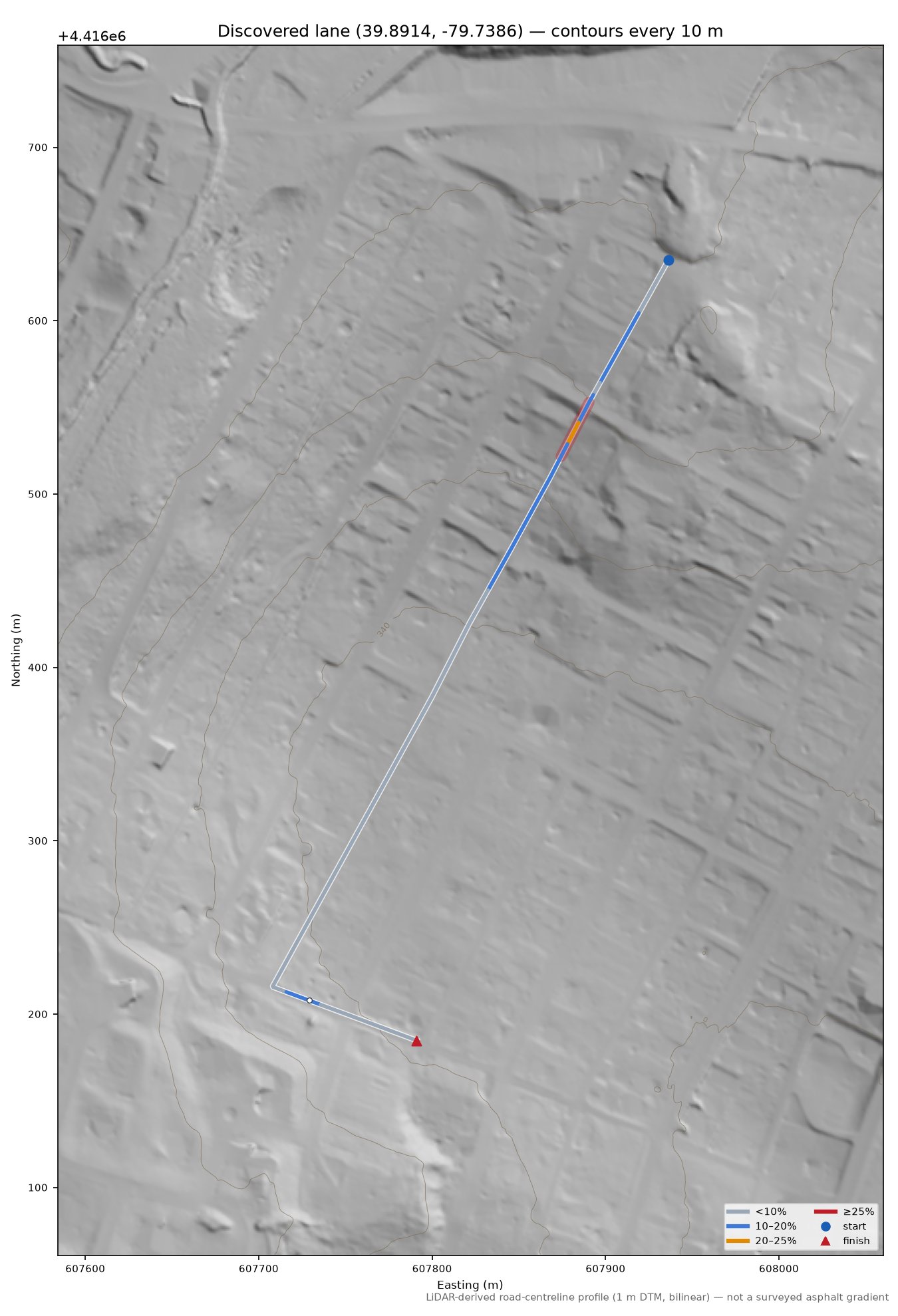 Discovered lane (39.8914, -79.7386) LiDAR hillshade map with contours