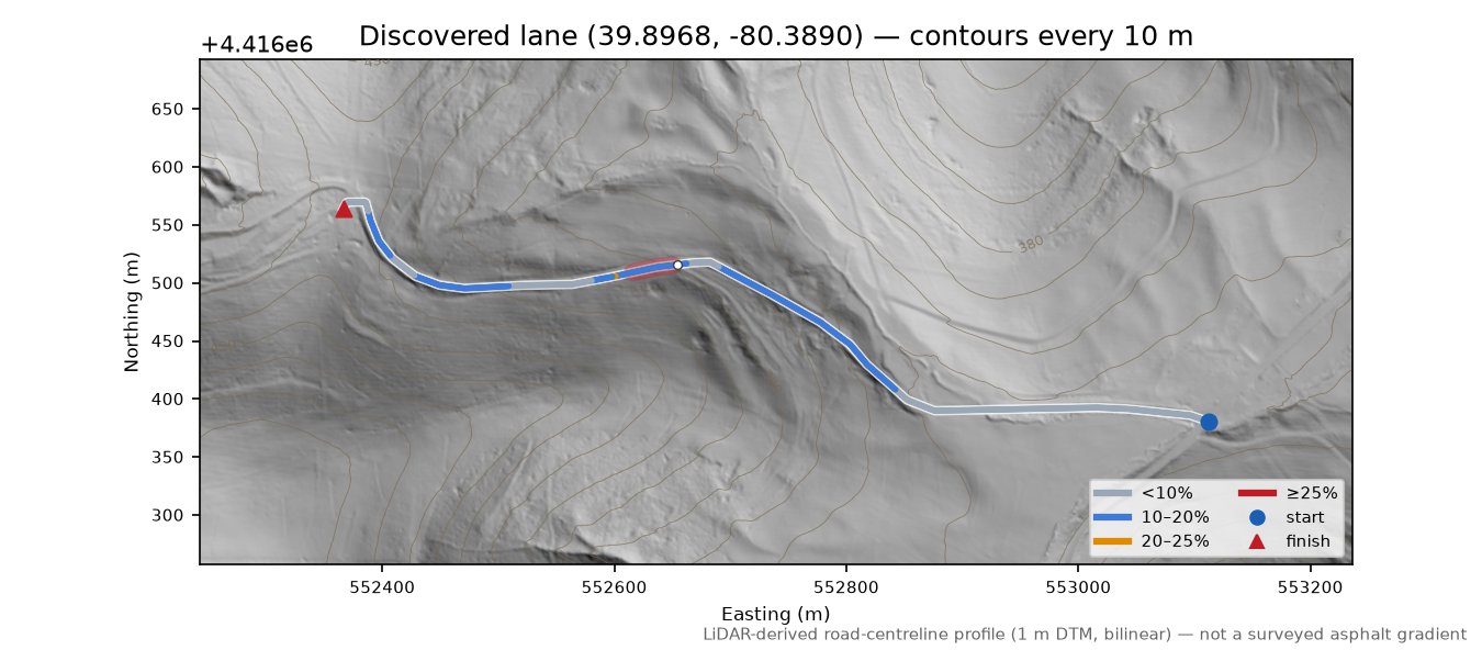 Discovered lane (39.8968, -80.3890) LiDAR hillshade map with contours