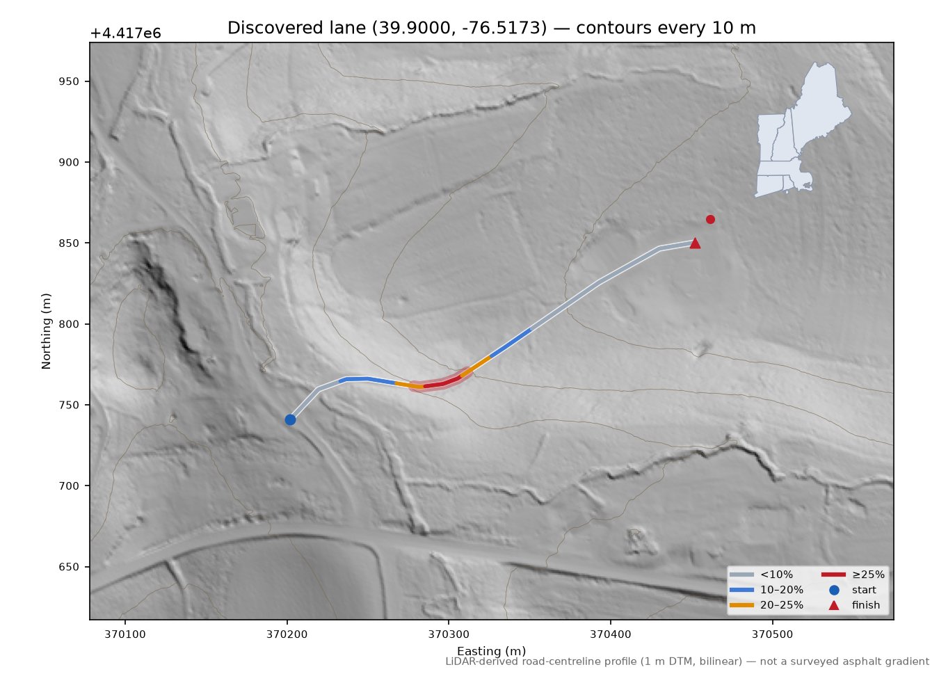 Discovered lane (39.9000, -76.5173) LiDAR hillshade map with contours