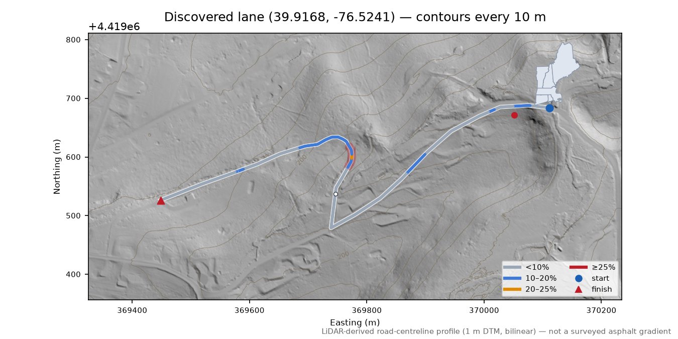 Discovered lane (39.9168, -76.5241) LiDAR hillshade map with contours