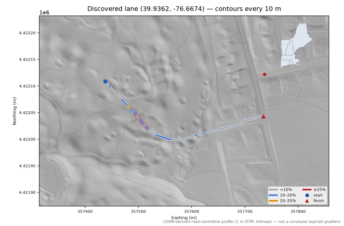 Discovered lane (39.9362, -76.6674) LiDAR hillshade map with contours