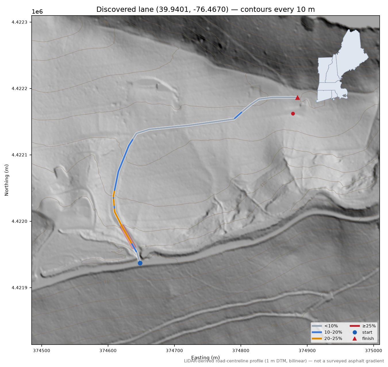 Discovered lane (39.9401, -76.4670) LiDAR hillshade map with contours