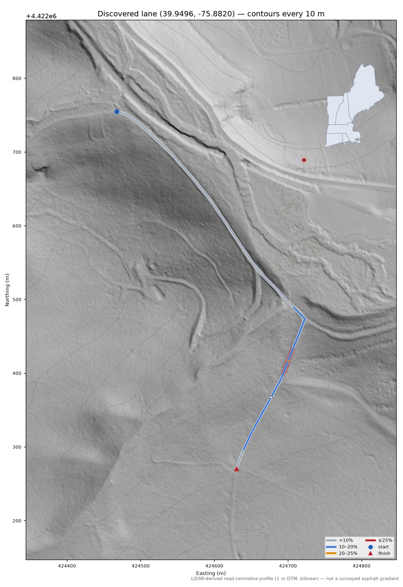 Discovered lane (39.9496, -75.8820) LiDAR hillshade map with contours