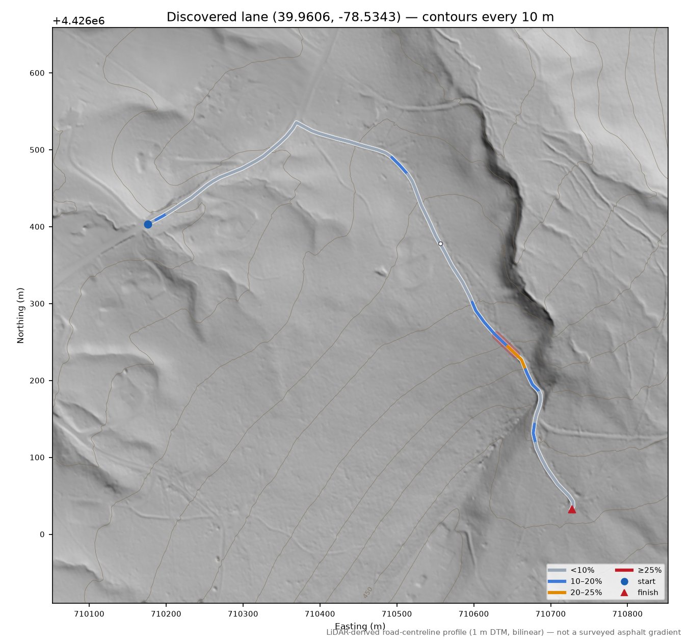Discovered lane (39.9606, -78.5343) LiDAR hillshade map with contours