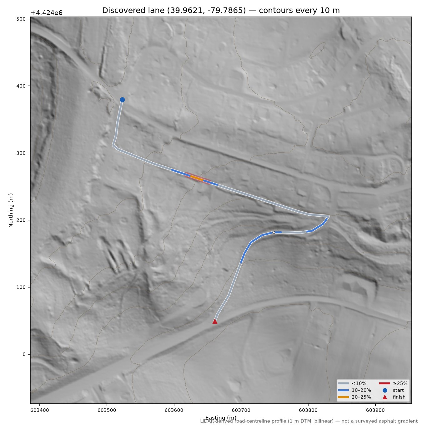 Discovered lane (39.9621, -79.7865) LiDAR hillshade map with contours