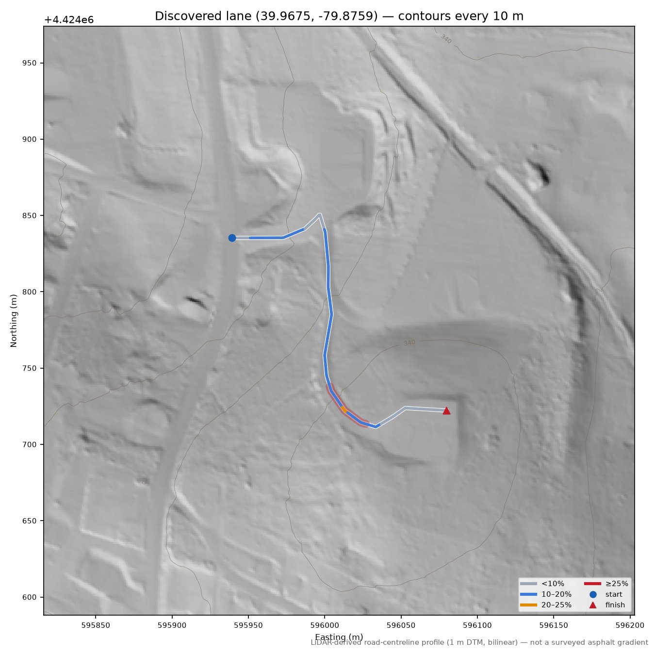 Discovered lane (39.9675, -79.8759) LiDAR hillshade map with contours