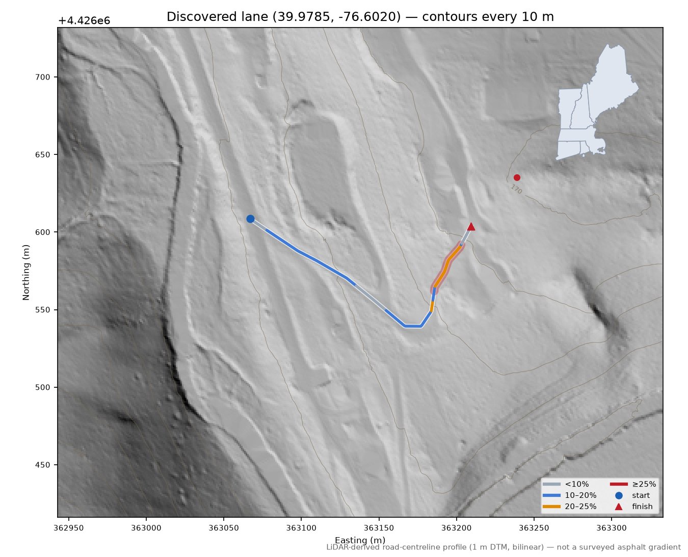 Discovered lane (39.9785, -76.6020) LiDAR hillshade map with contours