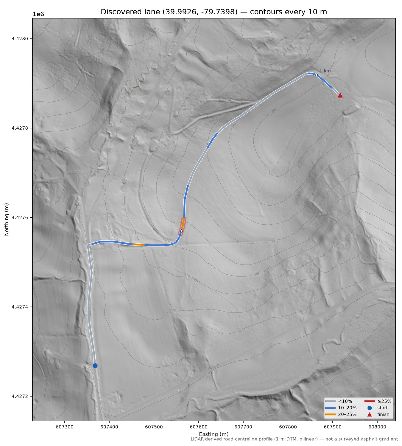 Discovered lane (39.9926, -79.7398) LiDAR hillshade map with contours