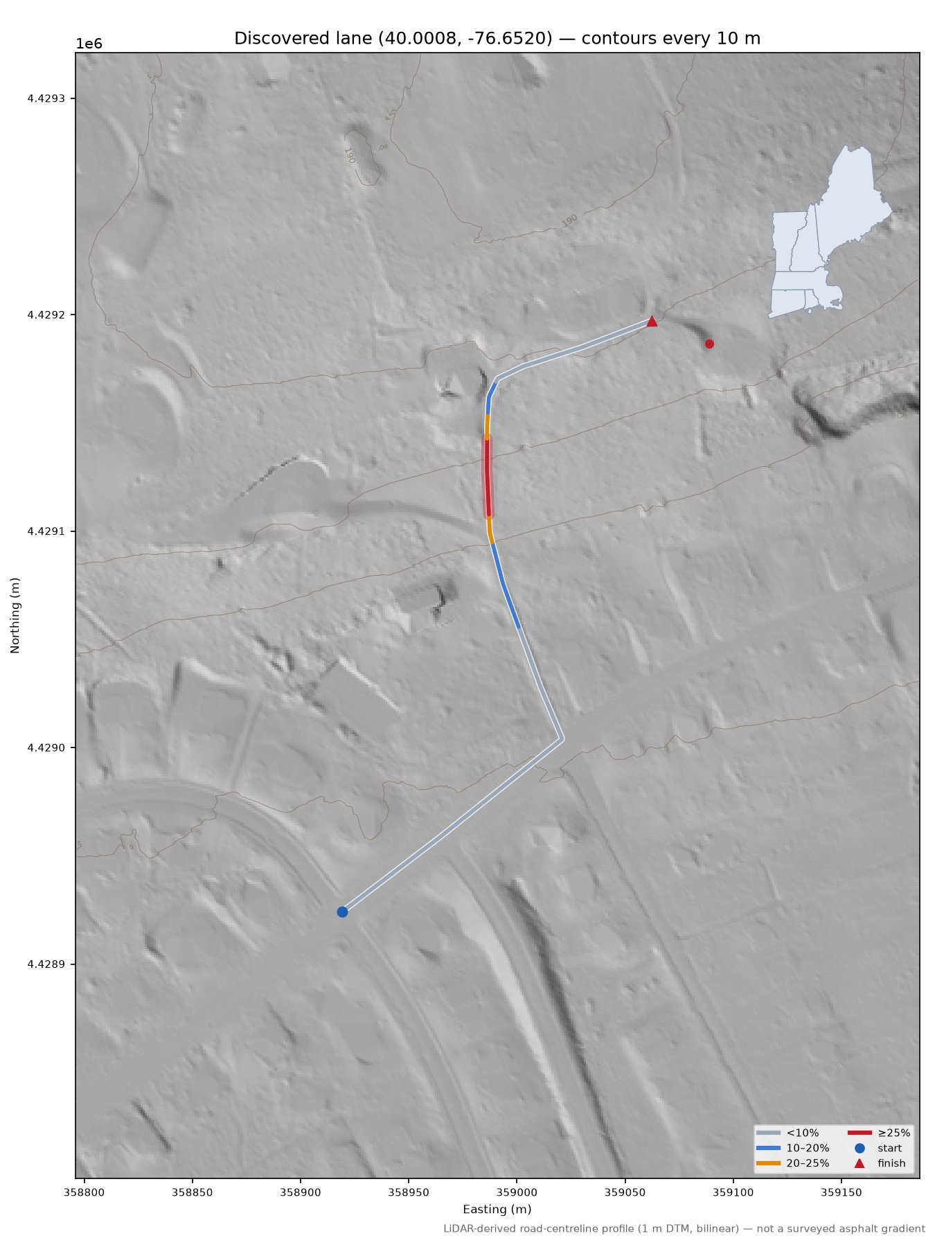 Discovered lane (40.0008, -76.6520) LiDAR hillshade map with contours