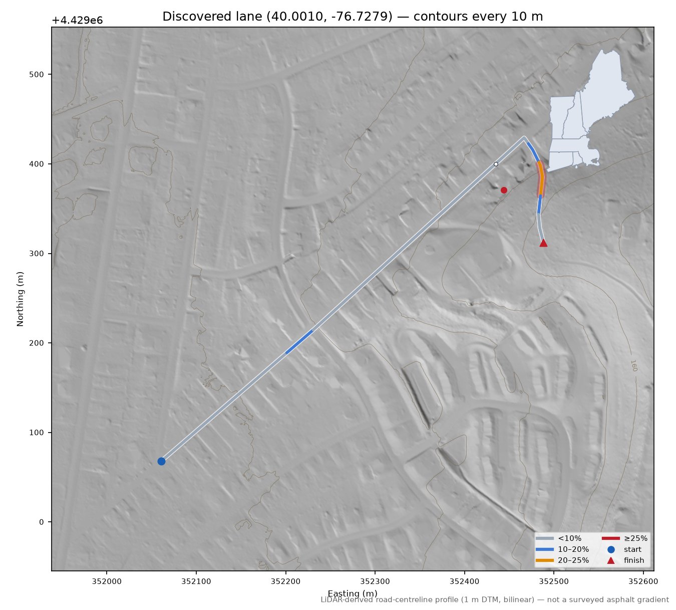Discovered lane (40.0010, -76.7279) LiDAR hillshade map with contours