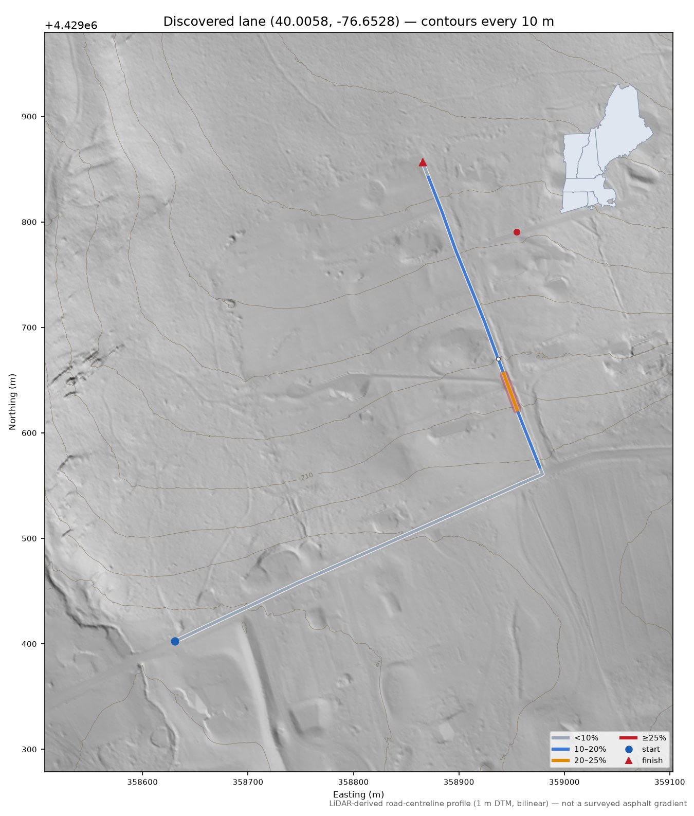 Discovered lane (40.0058, -76.6528) LiDAR hillshade map with contours