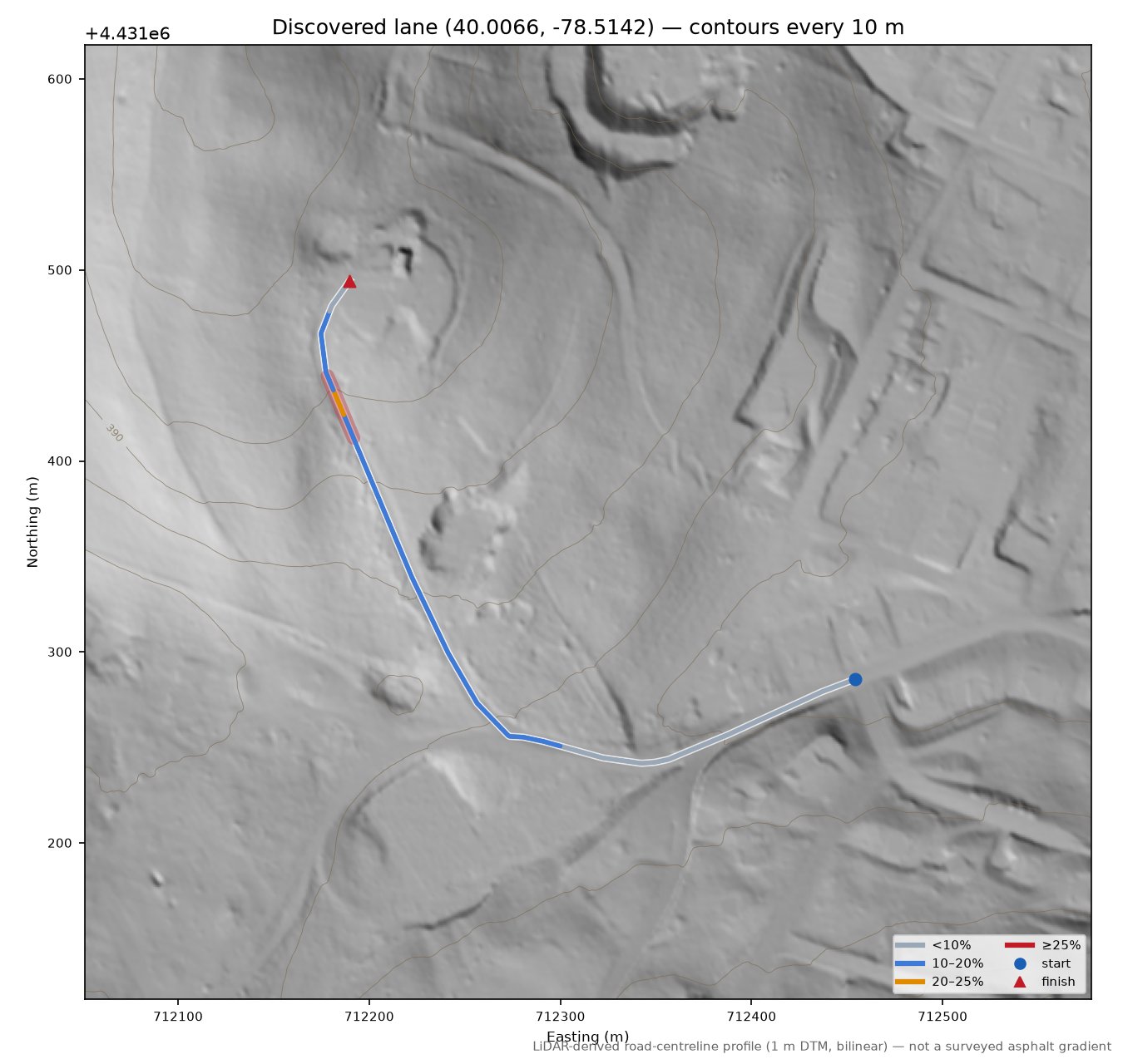 Discovered lane (40.0066, -78.5142) LiDAR hillshade map with contours