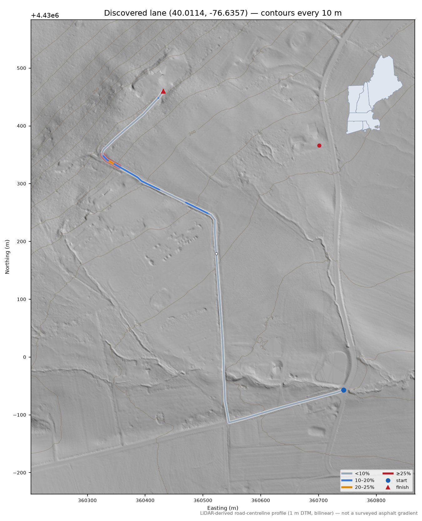 Discovered lane (40.0114, -76.6357) LiDAR hillshade map with contours