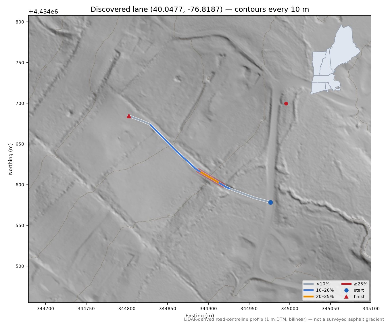 Discovered lane (40.0477, -76.8187) LiDAR hillshade map with contours