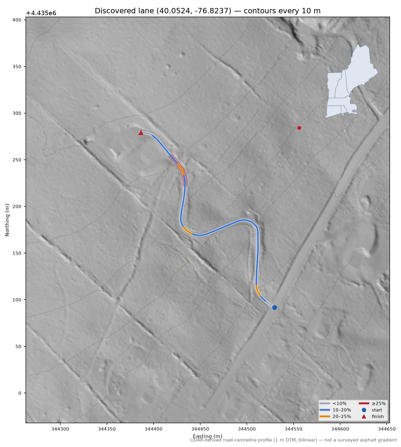 Discovered lane (40.0524, -76.8237) LiDAR hillshade map with contours
