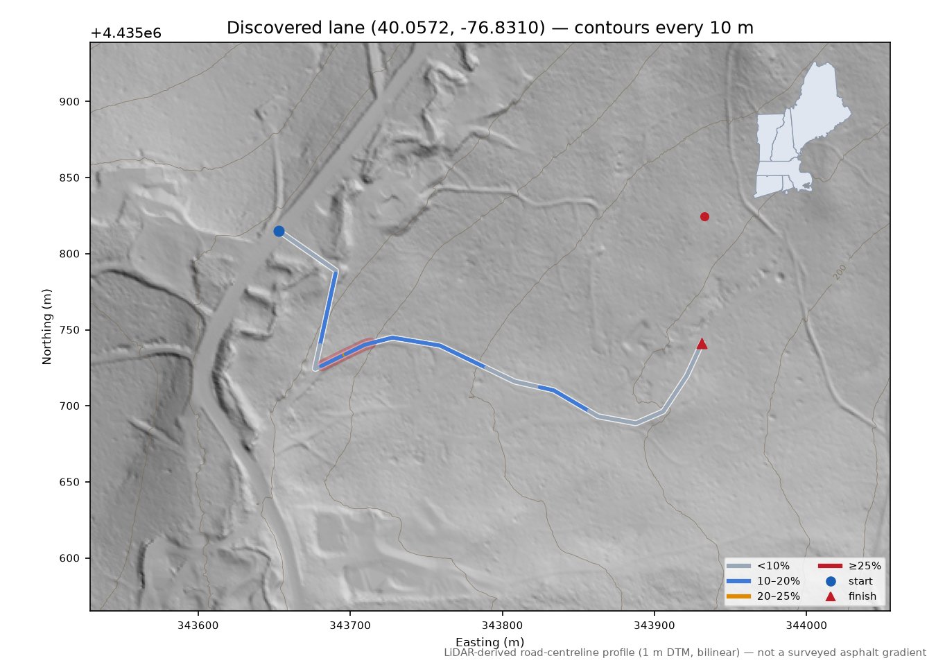 Discovered lane (40.0572, -76.8310) LiDAR hillshade map with contours