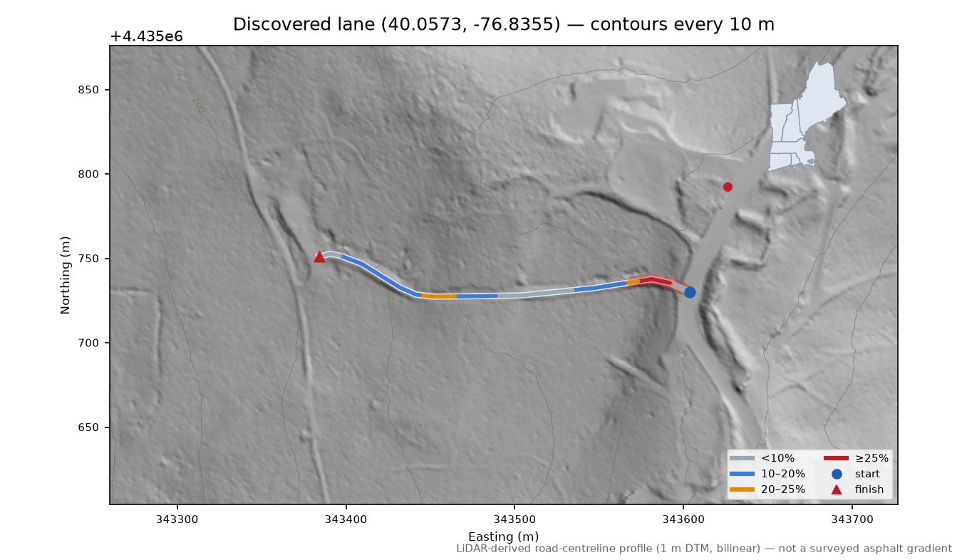 Discovered lane (40.0573, -76.8355) LiDAR hillshade map with contours