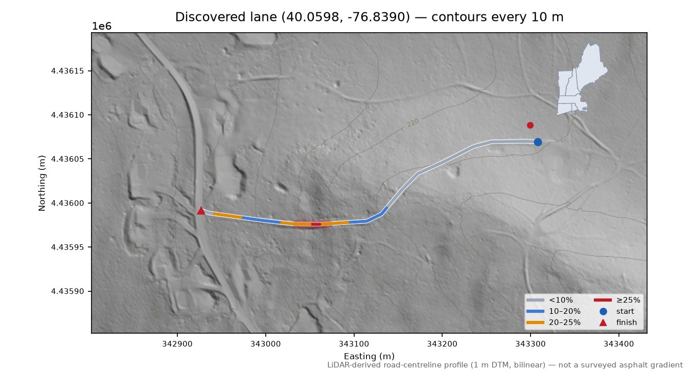 Discovered lane (40.0598, -76.8390) LiDAR hillshade map with contours