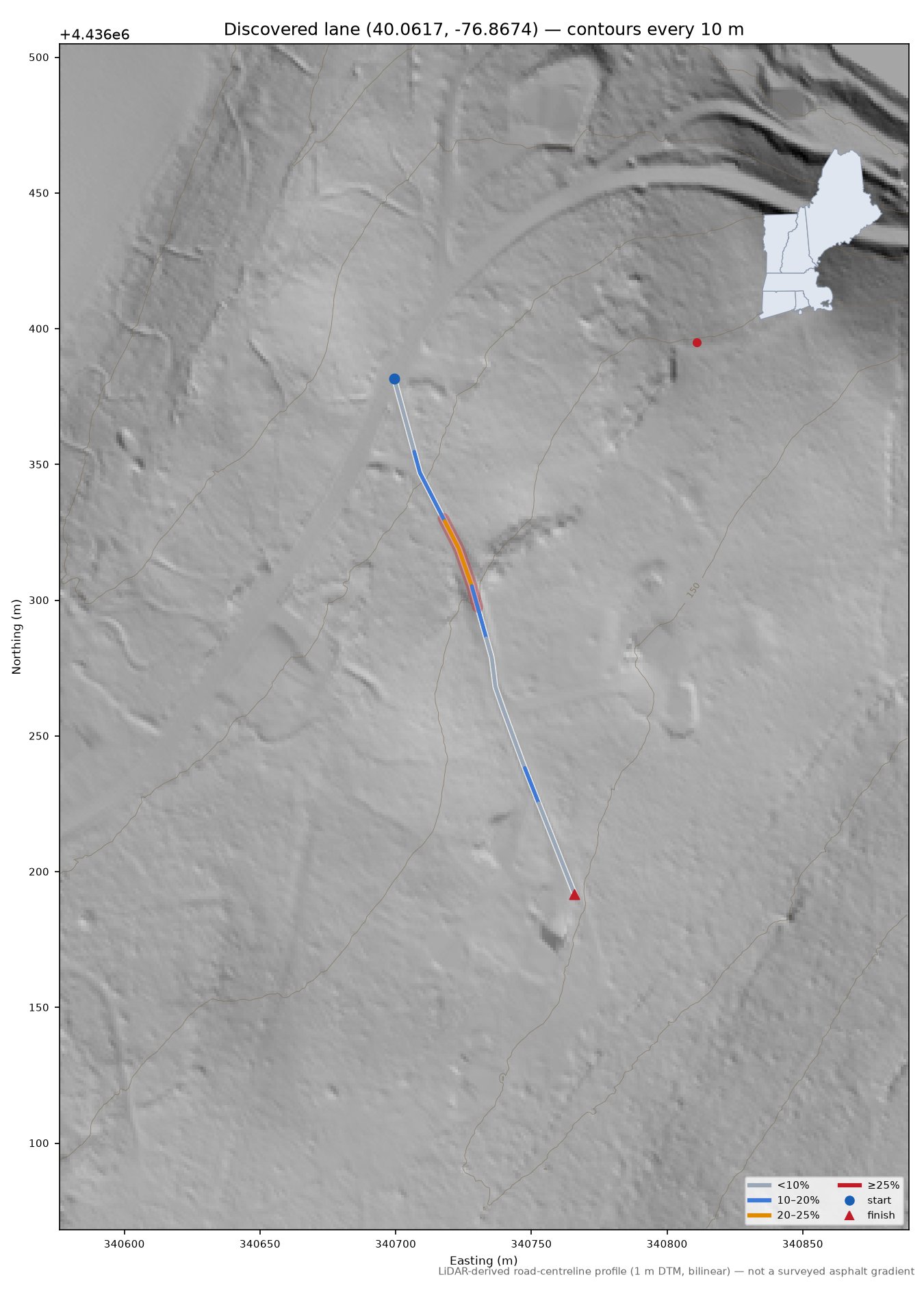 Discovered lane (40.0617, -76.8674) LiDAR hillshade map with contours