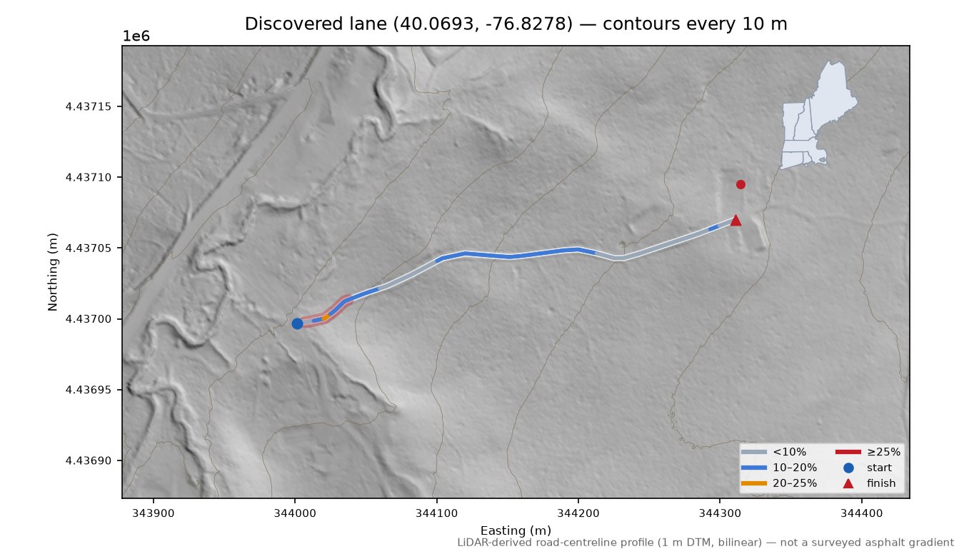 Discovered lane (40.0693, -76.8278) LiDAR hillshade map with contours