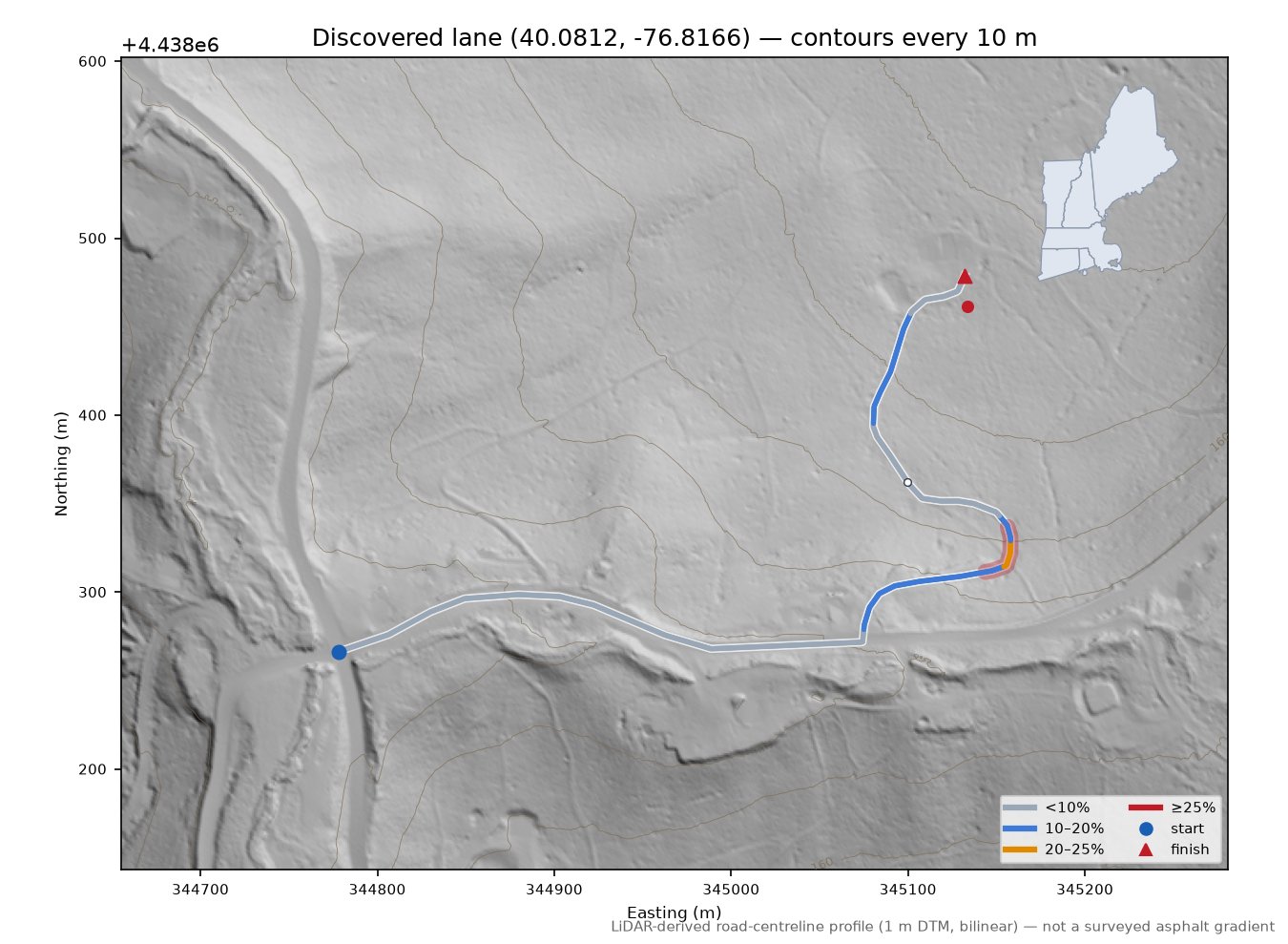 Discovered lane (40.0812, -76.8166) LiDAR hillshade map with contours