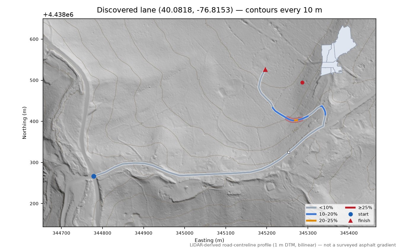 Discovered lane (40.0818, -76.8153) LiDAR hillshade map with contours