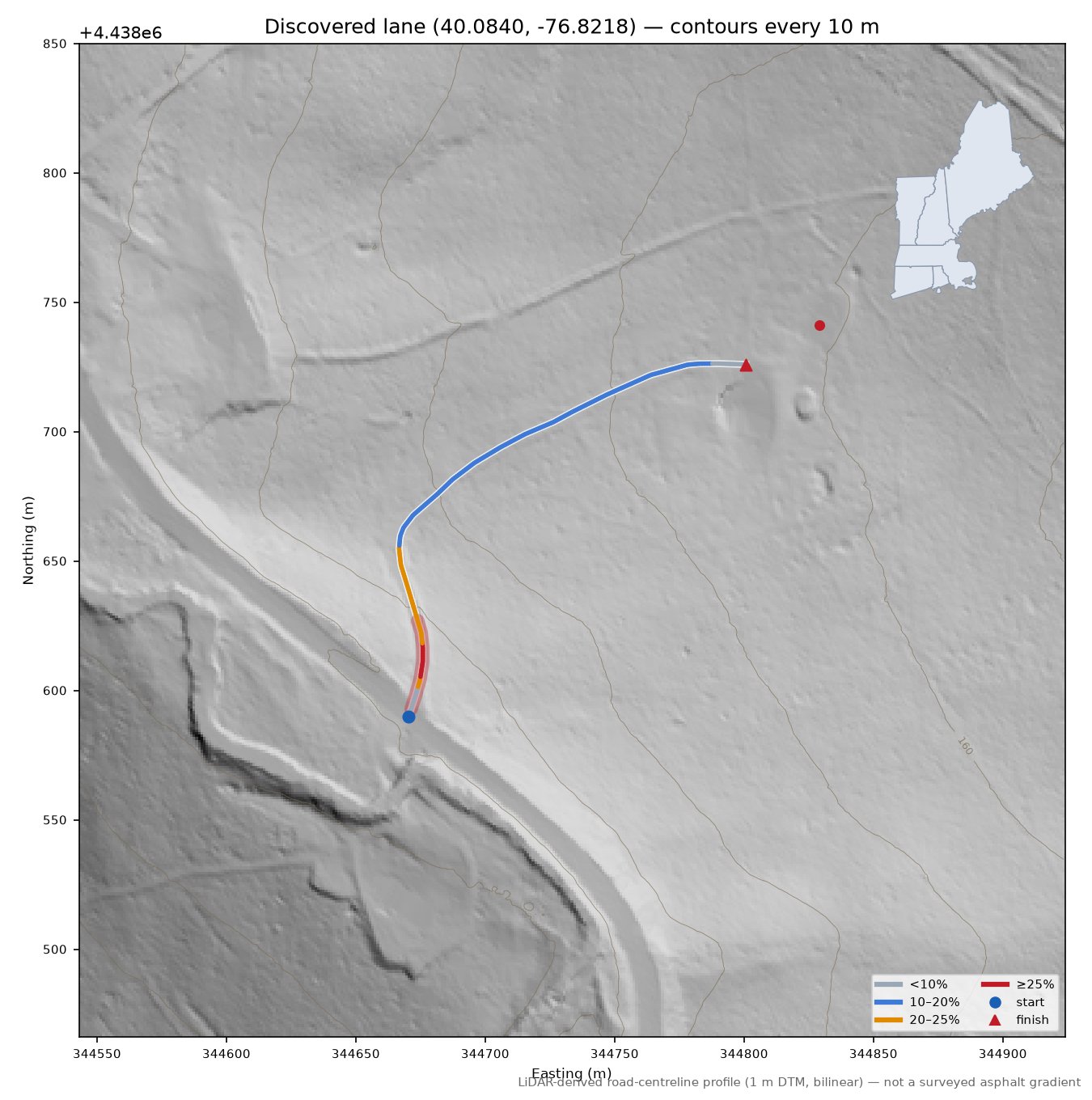 Discovered lane (40.0840, -76.8218) LiDAR hillshade map with contours