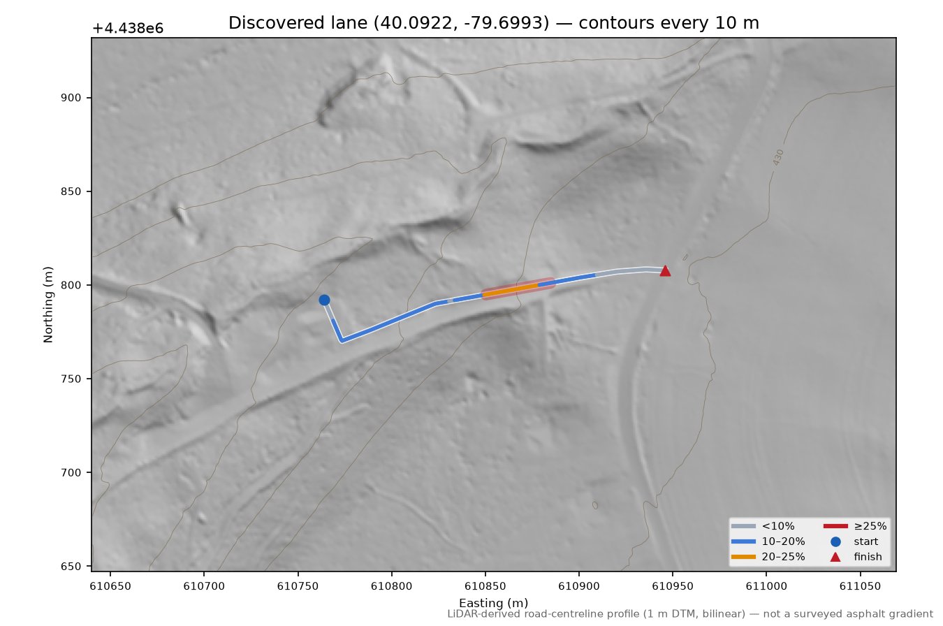 Discovered lane (40.0922, -79.6993) LiDAR hillshade map with contours