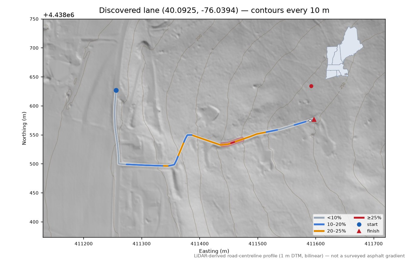 Discovered lane (40.0925, -76.0394) LiDAR hillshade map with contours