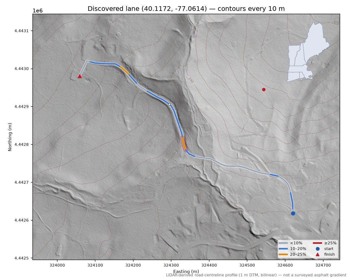 Discovered lane (40.1172, -77.0614) LiDAR hillshade map with contours
