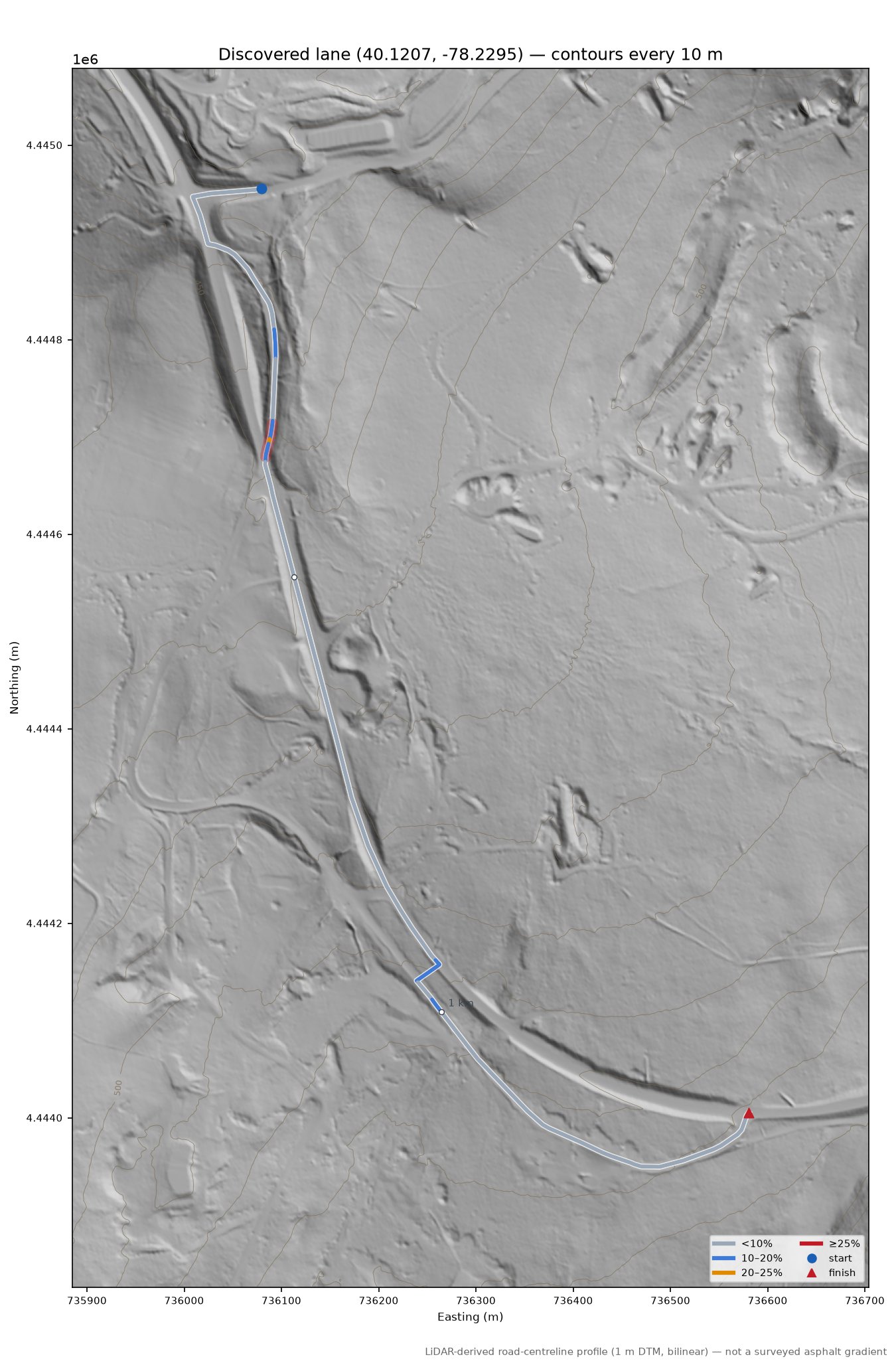 Discovered lane (40.1207, -78.2295) LiDAR hillshade map with contours