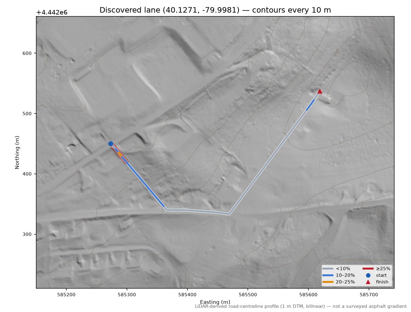 Discovered lane (40.1271, -79.9981) LiDAR hillshade map with contours
