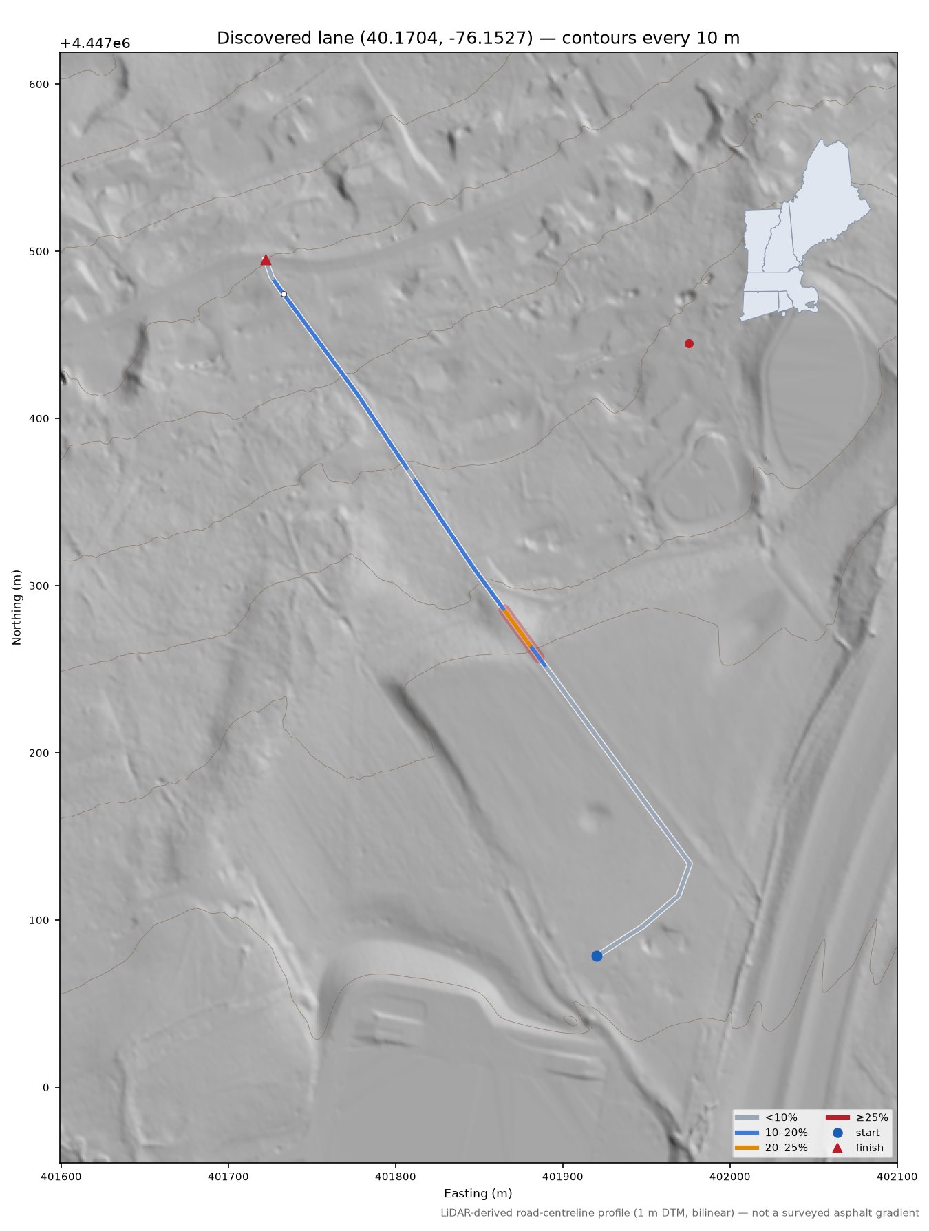 Discovered lane (40.1704, -76.1527) LiDAR hillshade map with contours