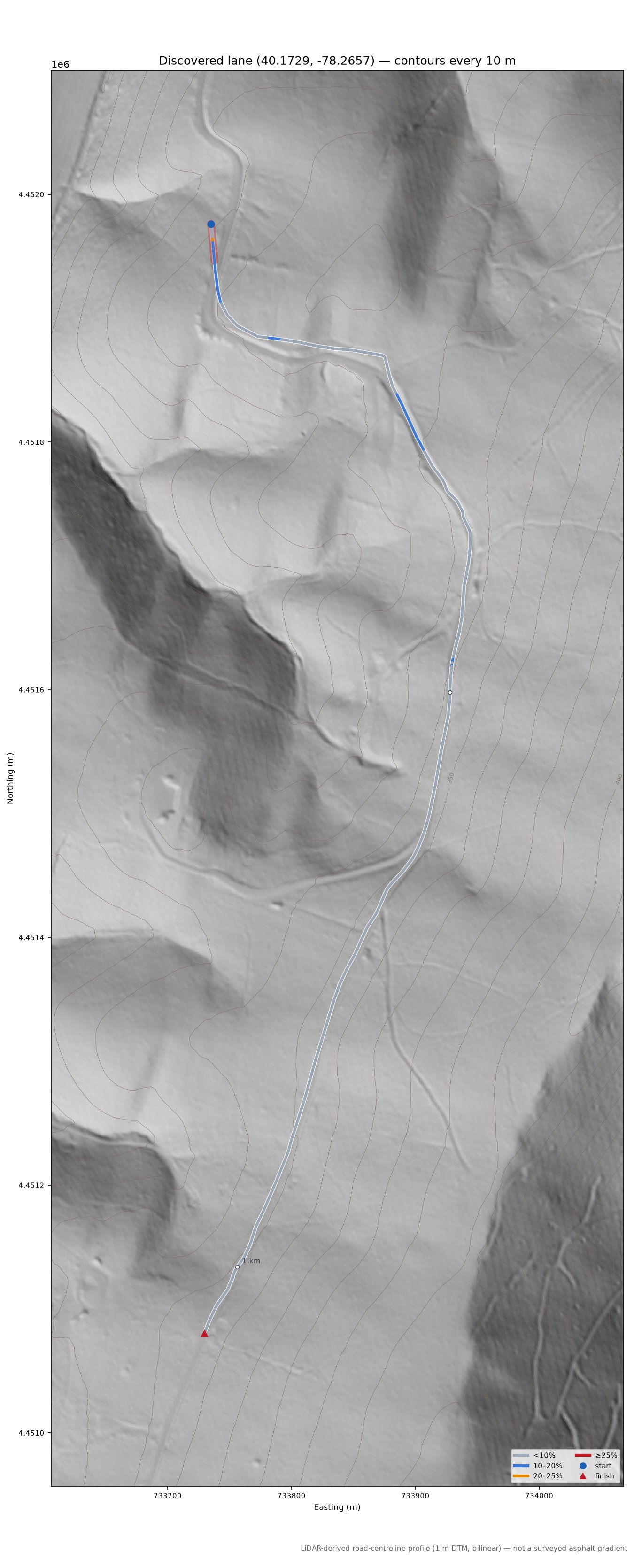 Discovered lane (40.1729, -78.2657) LiDAR hillshade map with contours