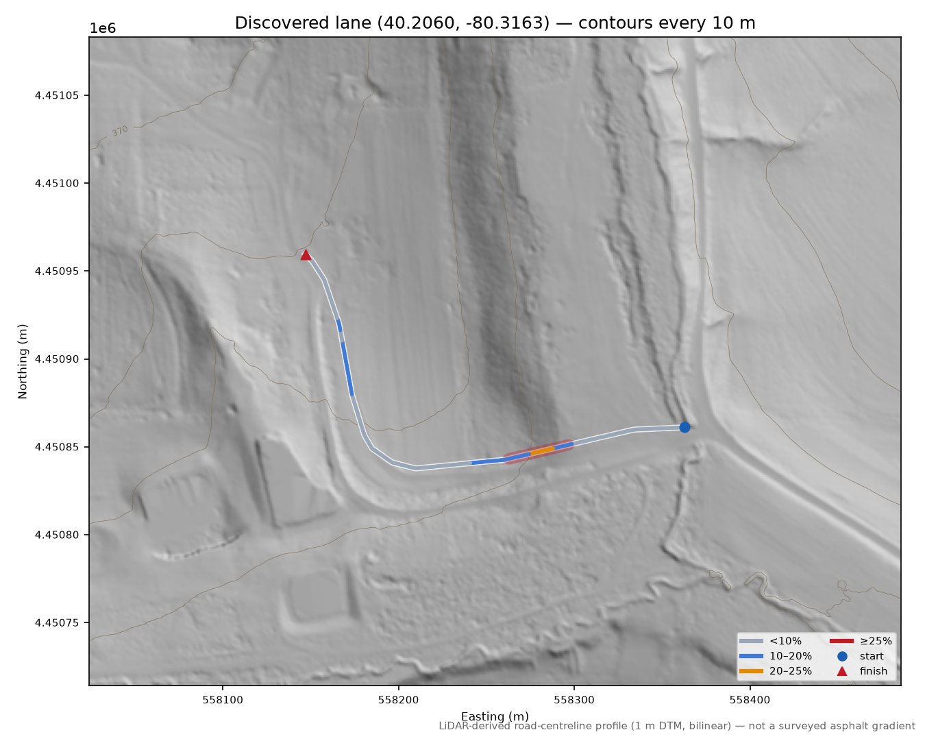 Discovered lane (40.2060, -80.3163) LiDAR hillshade map with contours