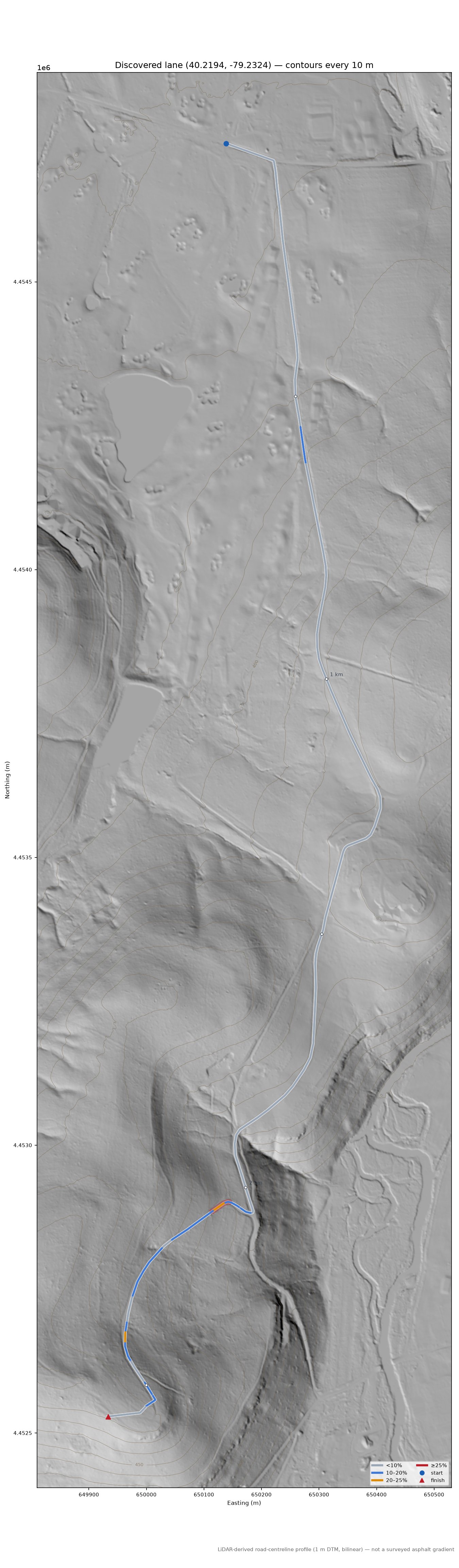 Discovered lane (40.2194, -79.2324) LiDAR hillshade map with contours