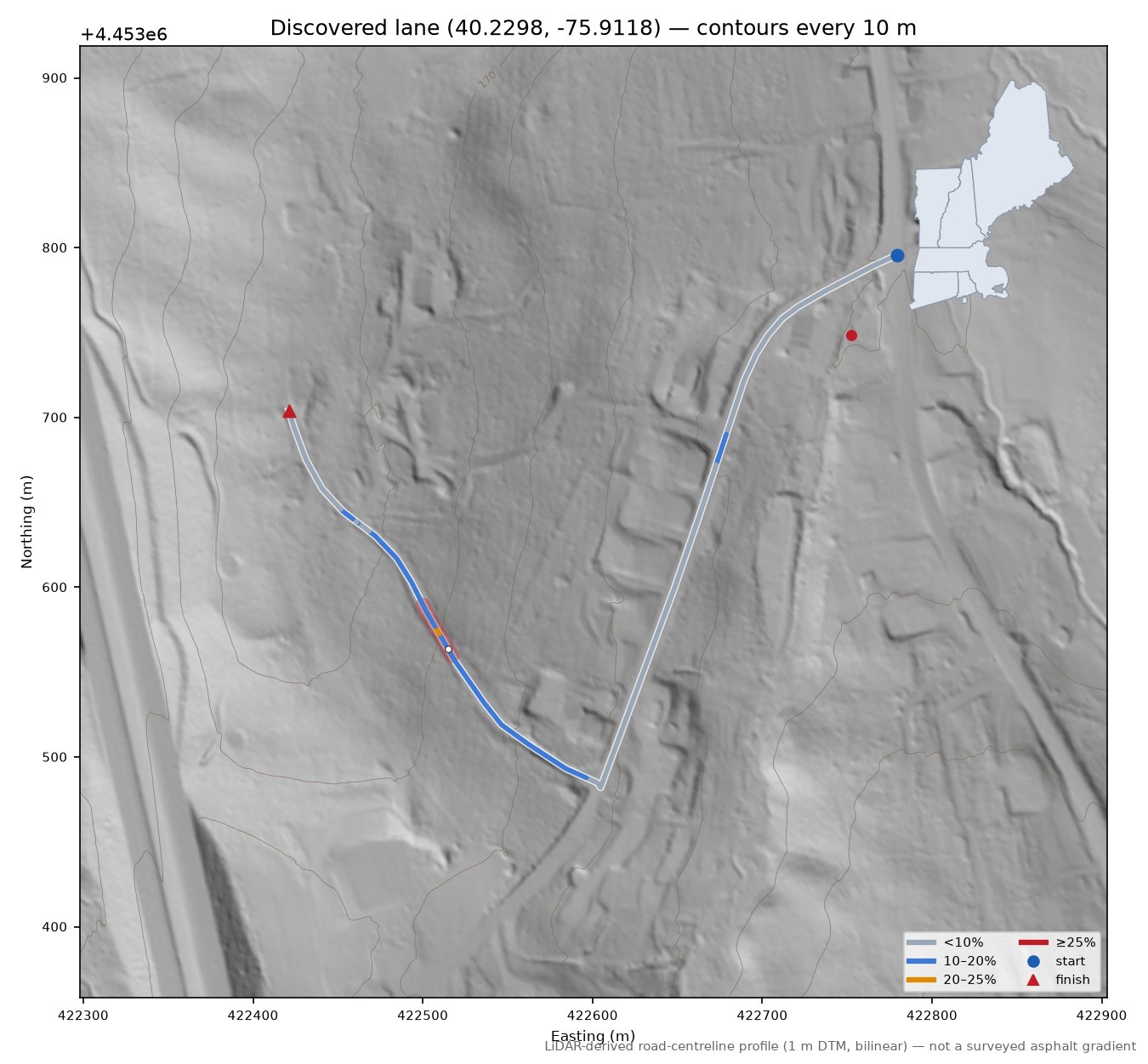 Discovered lane (40.2298, -75.9118) LiDAR hillshade map with contours