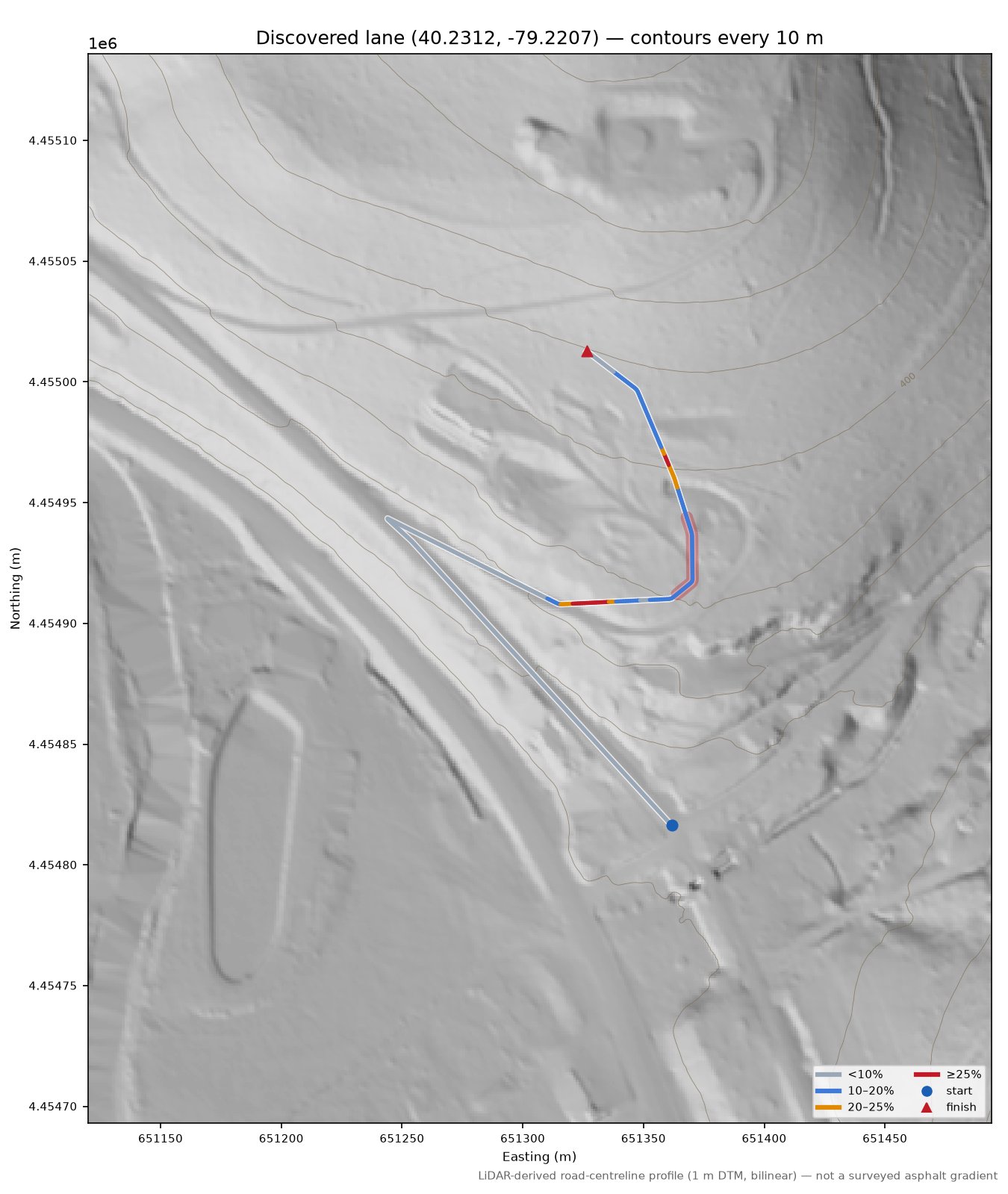 Discovered lane (40.2312, -79.2207) LiDAR hillshade map with contours