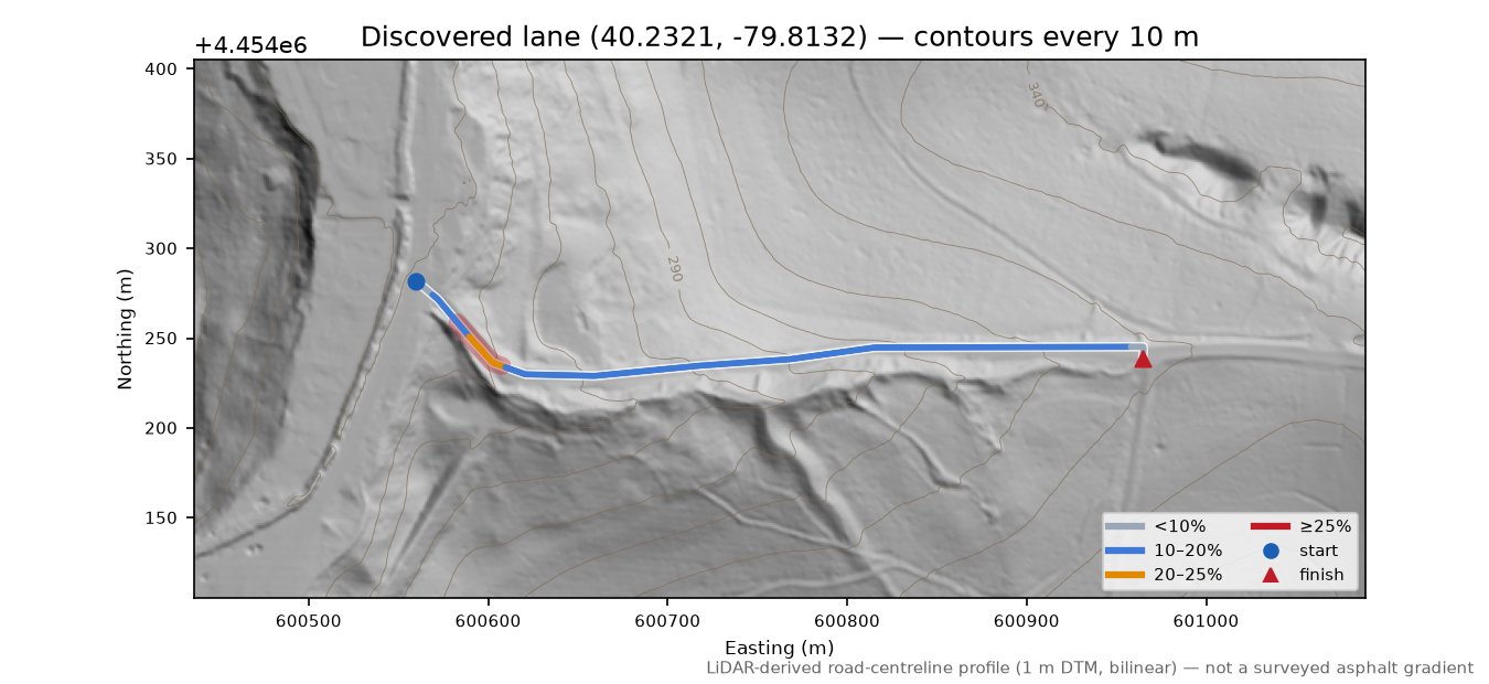 Discovered lane (40.2321, -79.8132) LiDAR hillshade map with contours