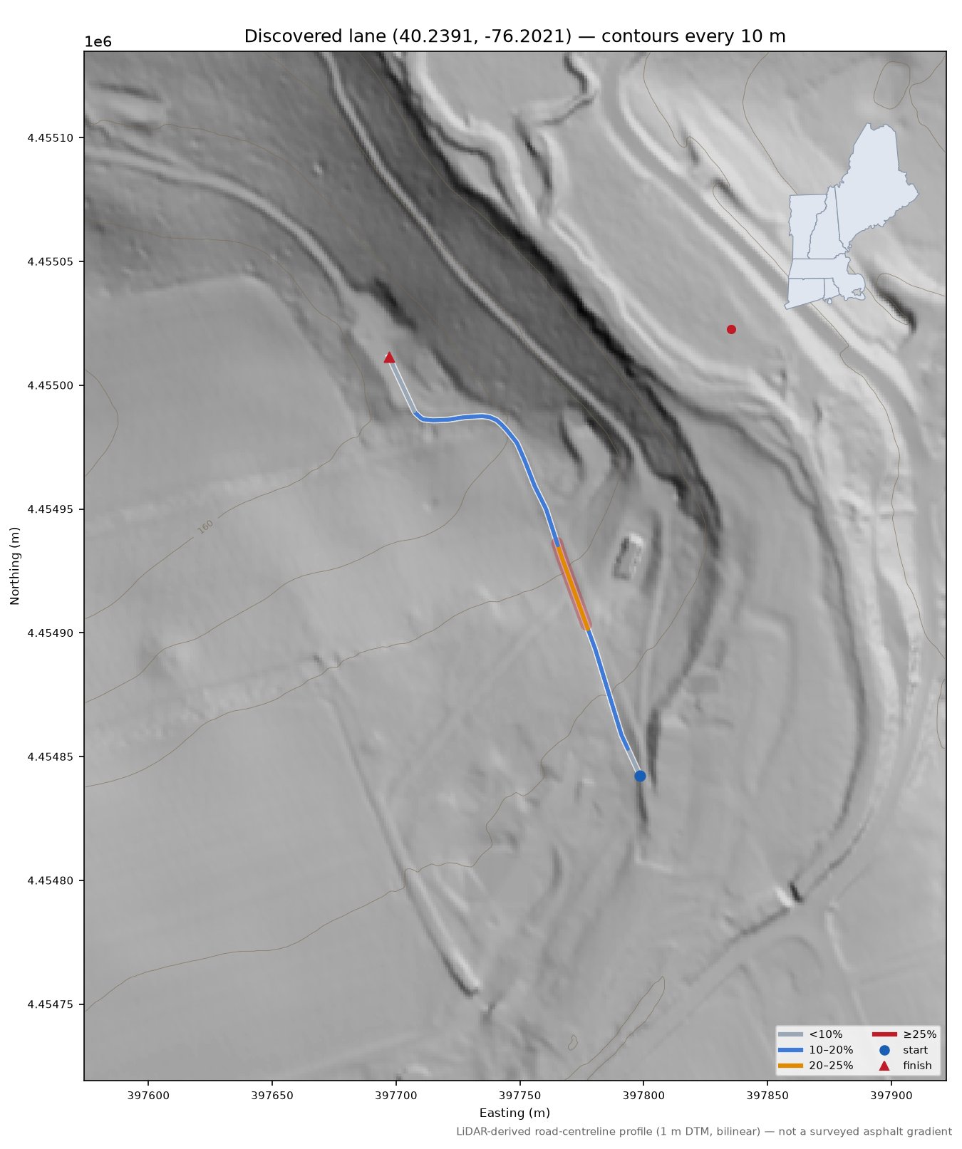 Discovered lane (40.2391, -76.2021) LiDAR hillshade map with contours