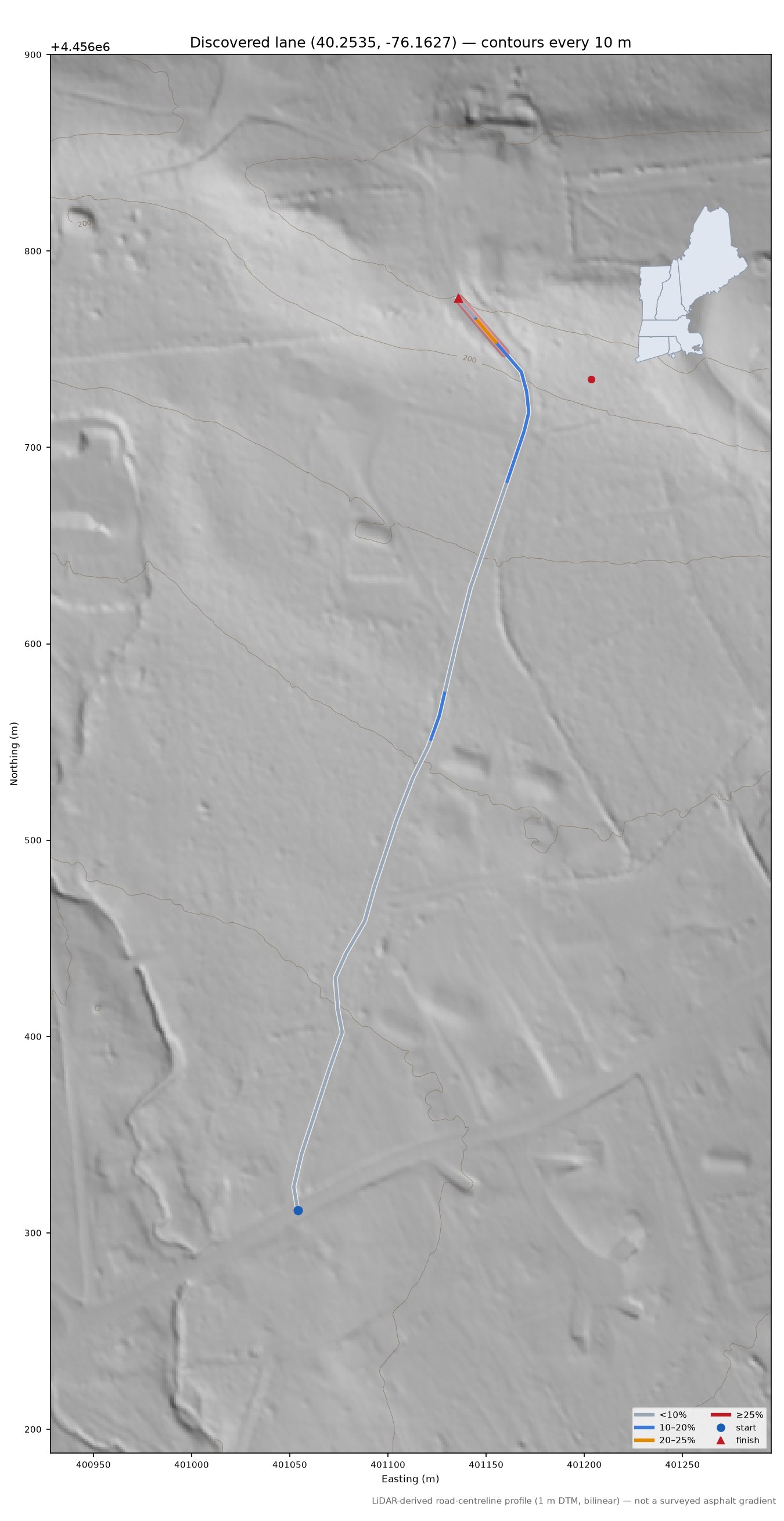 Discovered lane (40.2535, -76.1627) LiDAR hillshade map with contours