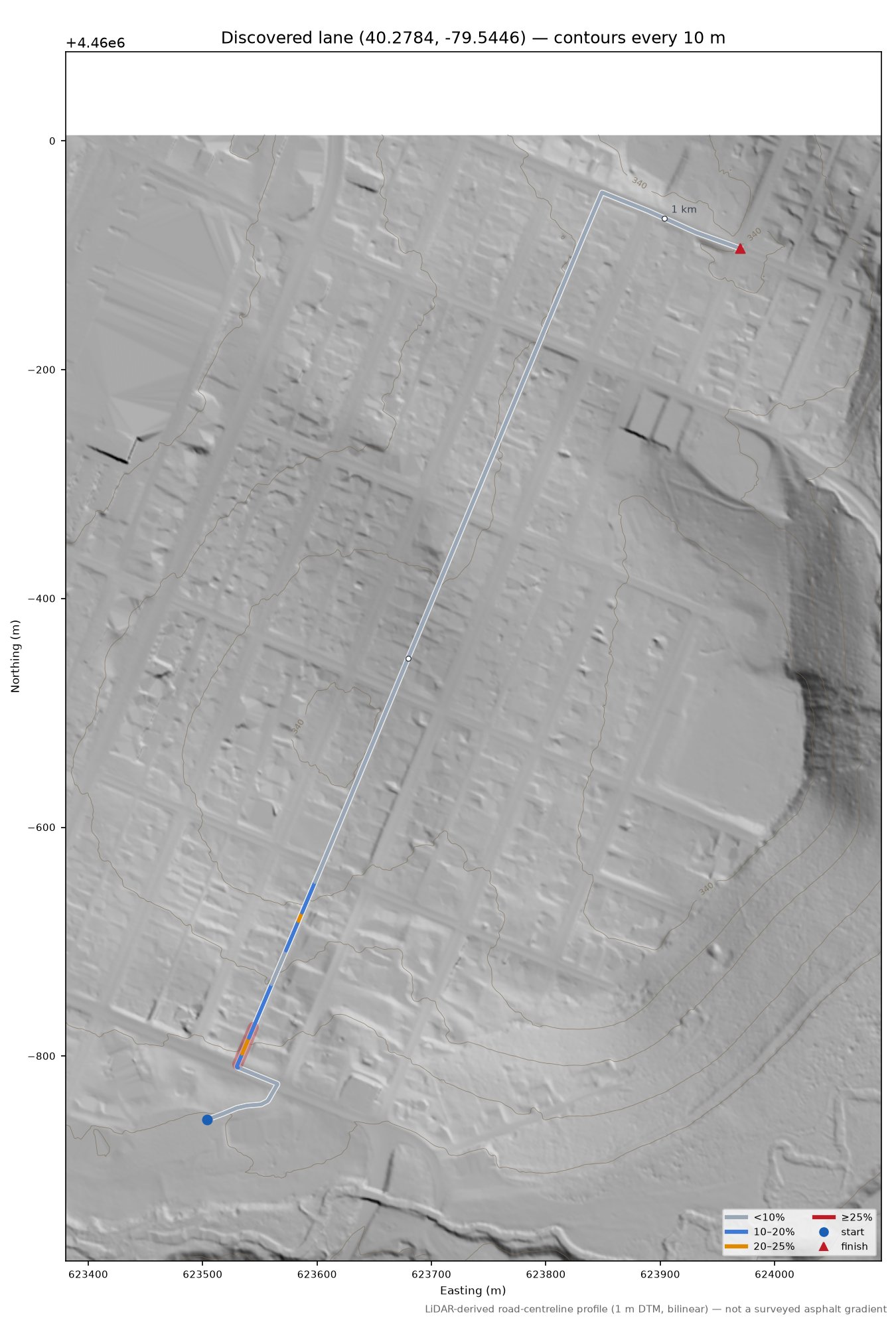 Discovered lane (40.2784, -79.5446) LiDAR hillshade map with contours