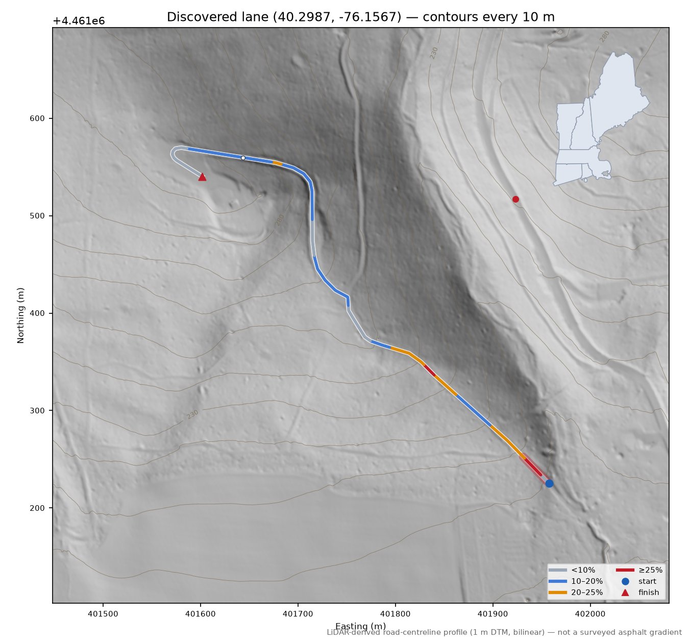 Discovered lane (40.2987, -76.1567) LiDAR hillshade map with contours