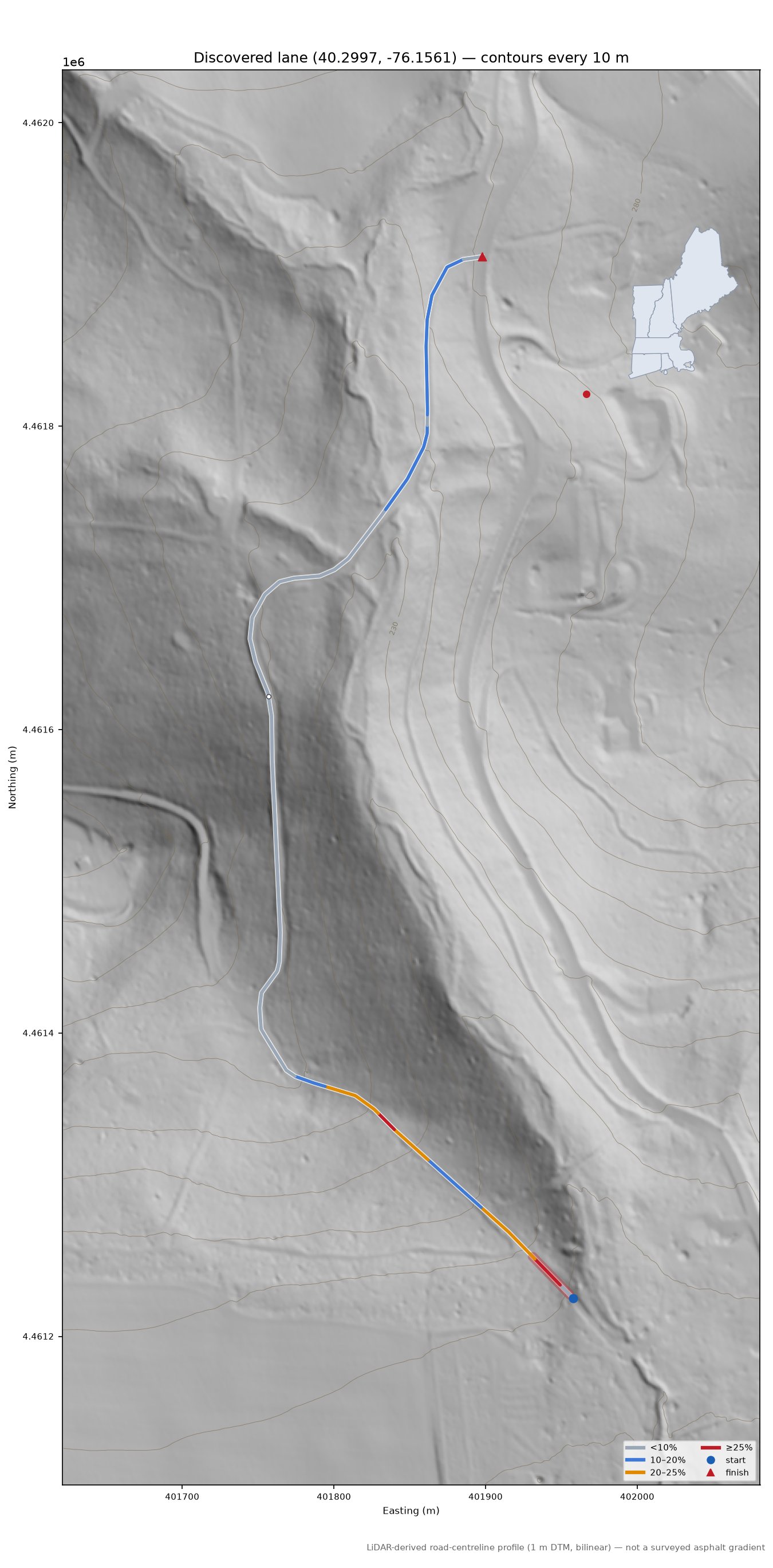 Discovered lane (40.2997, -76.1561) LiDAR hillshade map with contours