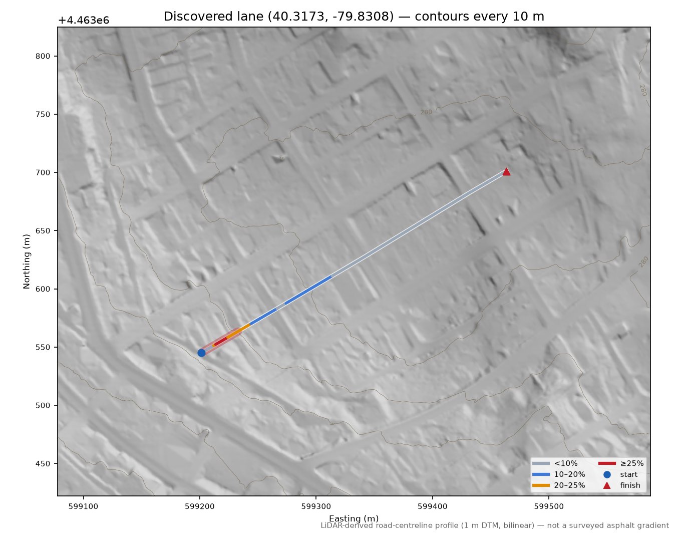 Discovered lane (40.3173, -79.8308) LiDAR hillshade map with contours