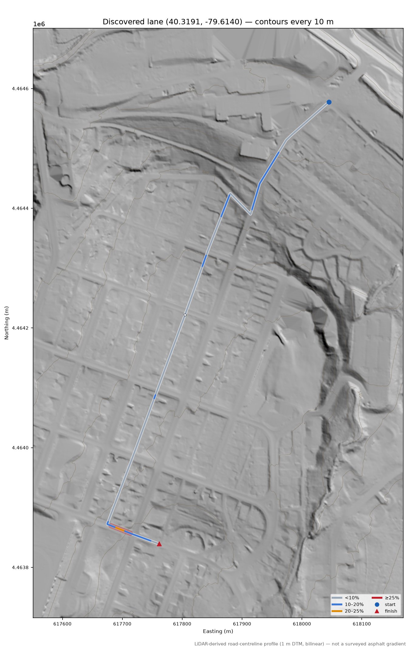 Discovered lane (40.3191, -79.6140) LiDAR hillshade map with contours