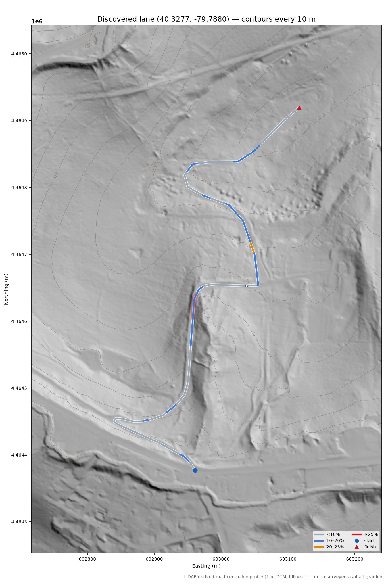 Discovered lane (40.3277, -79.7880) LiDAR hillshade map with contours