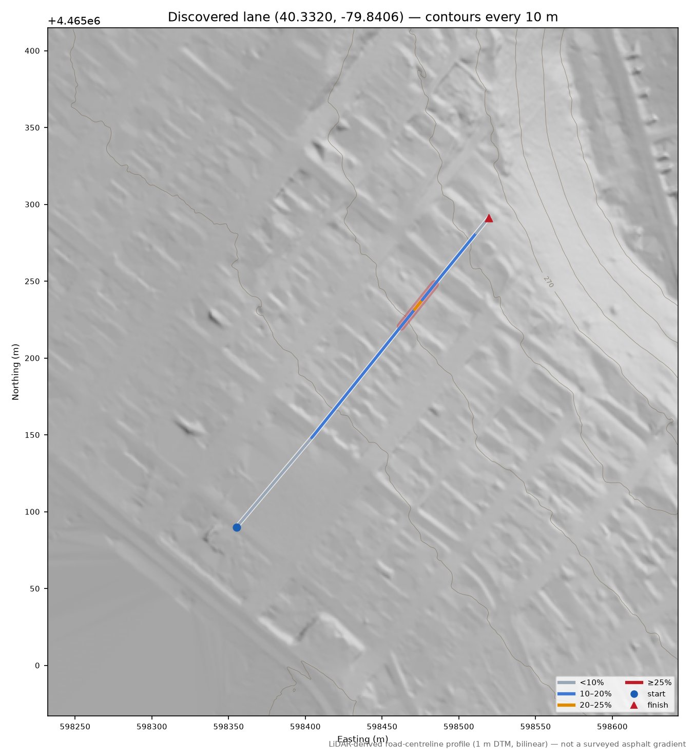 Discovered lane (40.3320, -79.8406) LiDAR hillshade map with contours